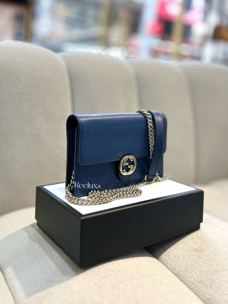 FullSet GUCCI Blue Leather Interlocking GG Wallet On Chain - WOC