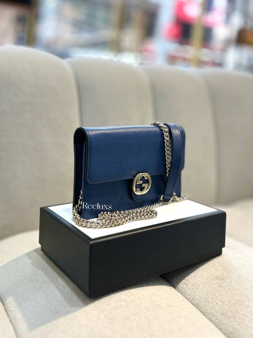 FullSet GUCCI Blue Leather Interlocking GG Wallet On Chain - WOC