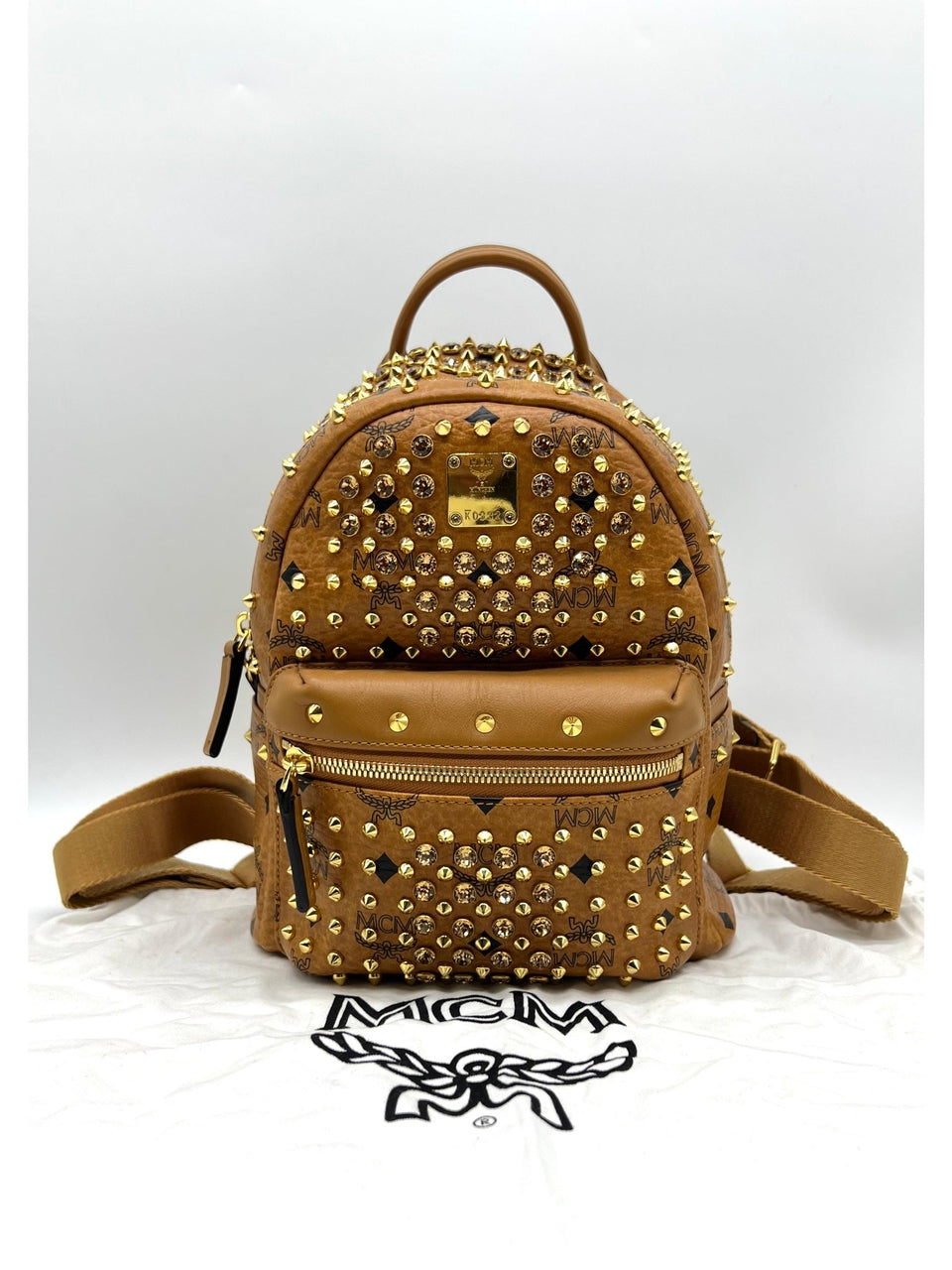 MCM Visetos Swarovski Mini Stark Diamond Backpack Cognac - Reeluxs 