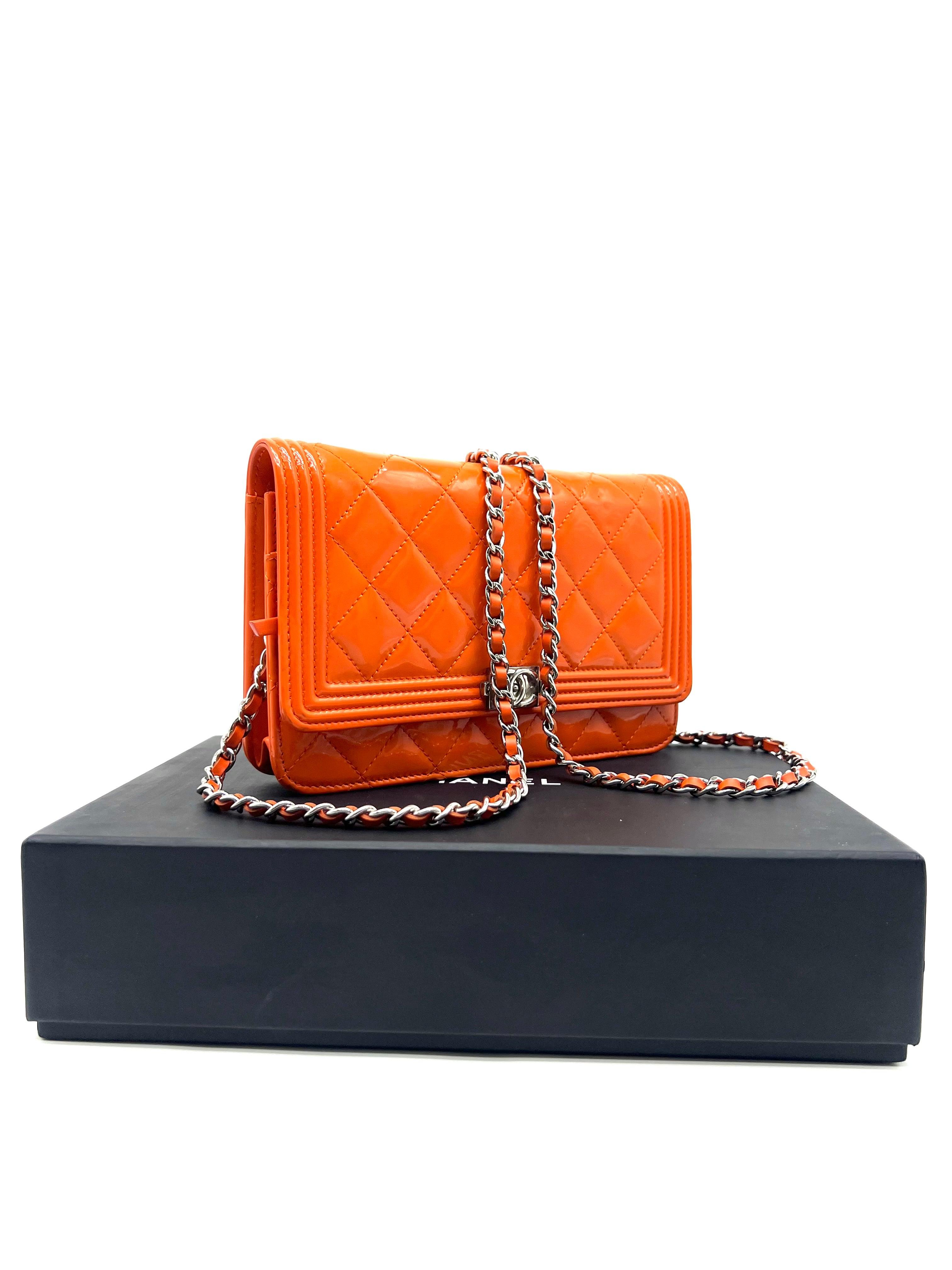 CHANEL Orange Quilted Patent Leather Classic WOC Clutch Bag - Reeluxs 