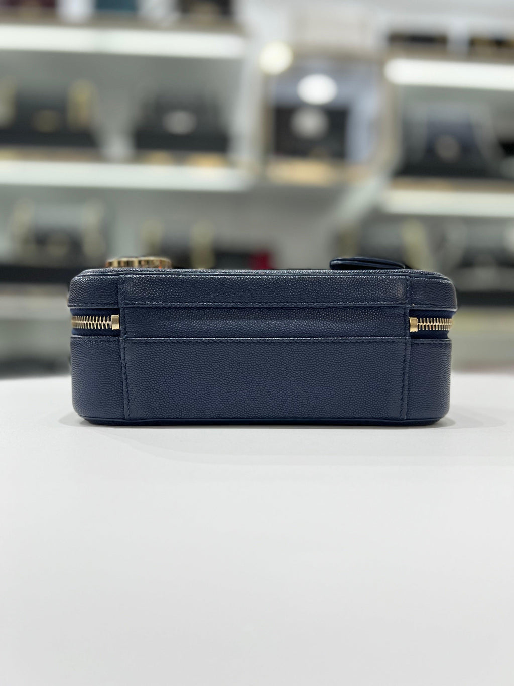 Full Set CHANEL Grained Caviar & Gold- Tone Metal Vanity Blue Leather Women Sling Bag - Reeluxs 