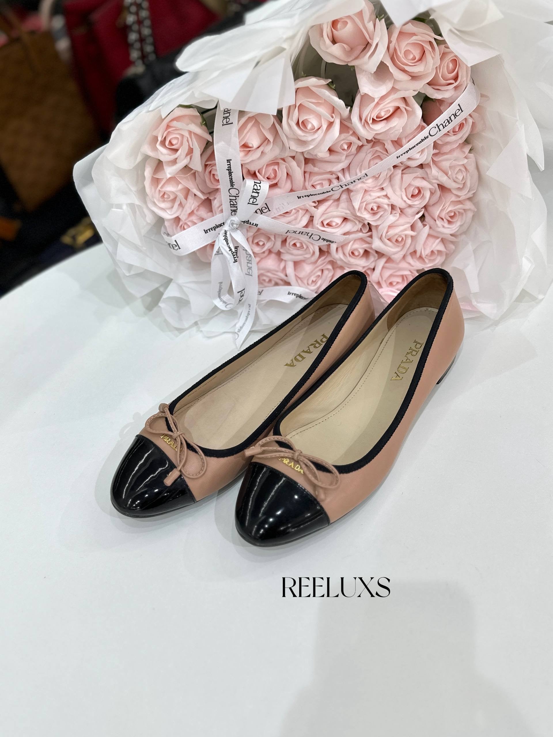 PRADA Patent Leather Cap-Toe Bow Ballet Flats