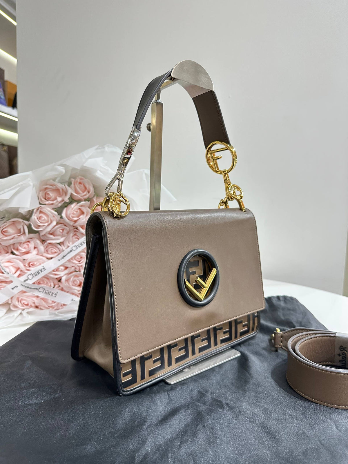 FENDI Kan I F Shoulder Bag in Taupe Brown Leather with FF Zucca Embossed Detail