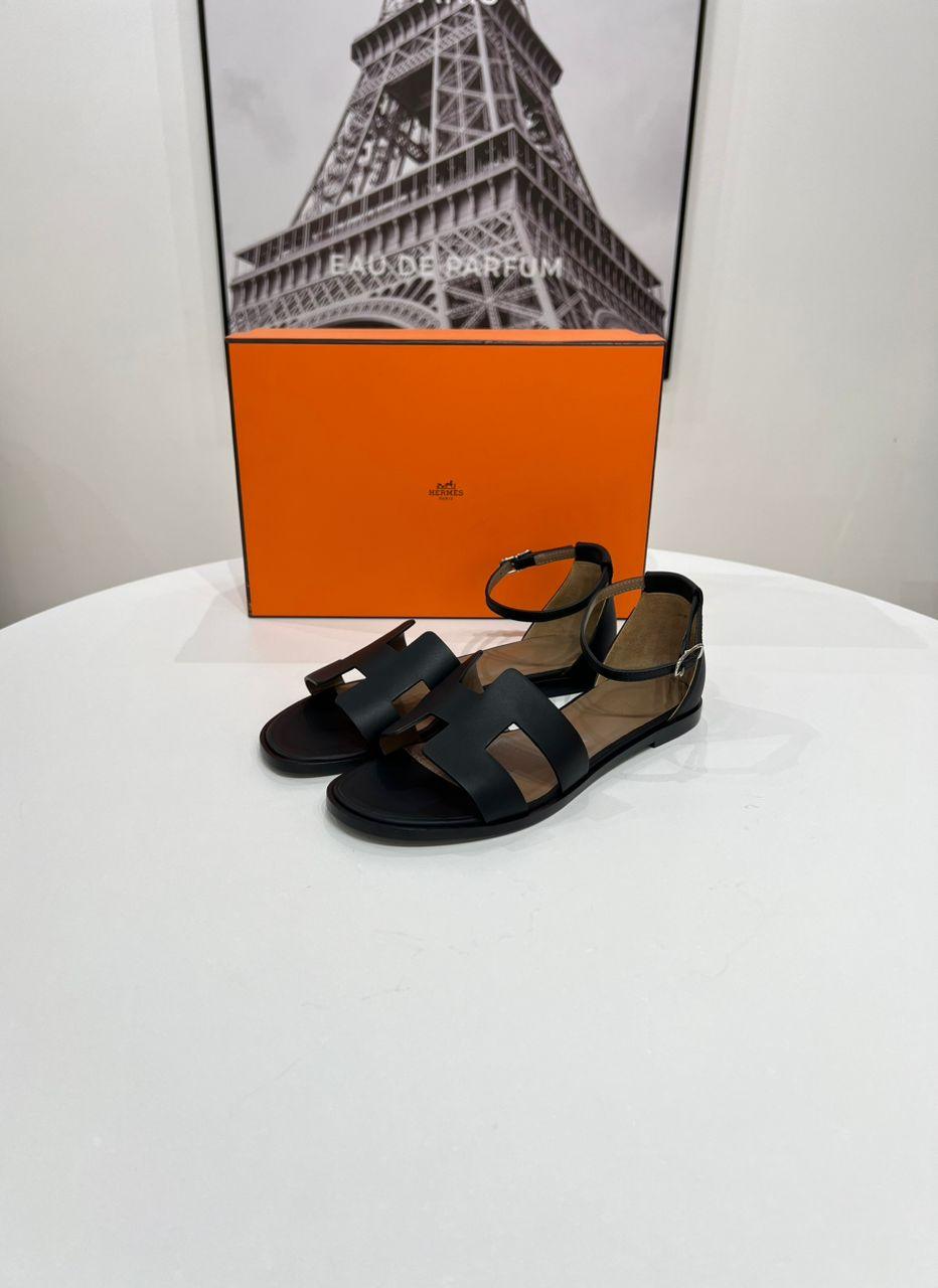 Hermes Women Black Noir Leather Santorini Sandals - Reeluxs 