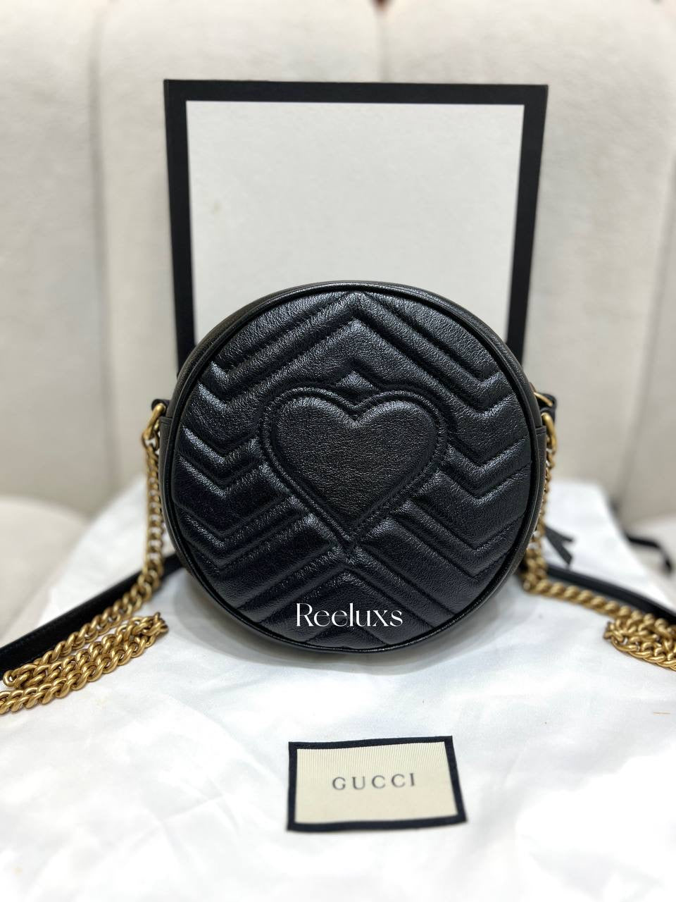 FULLSET GUCCI GG Marmont Round Crossbody Bag Mini Black