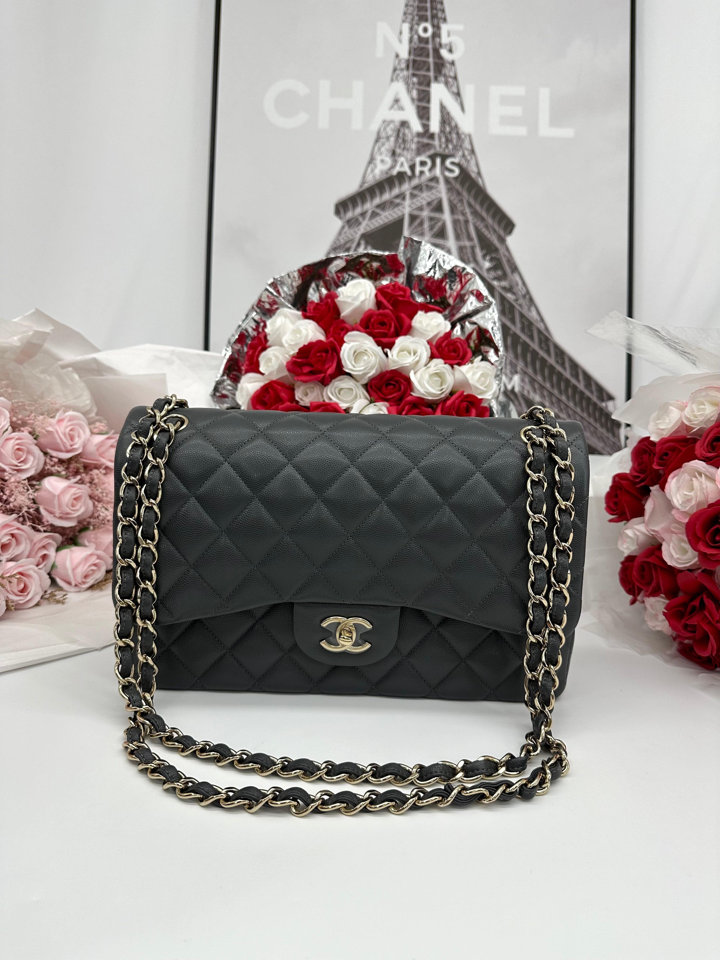 CHANEL Caviar Quilted Jumbo Double Flap Dark Grey - Reeluxs 