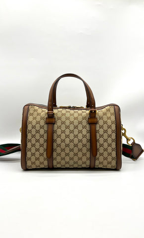 GUCCI Monogram Medium Lady Web Boston Bag Beige Cuir - Reeluxs 