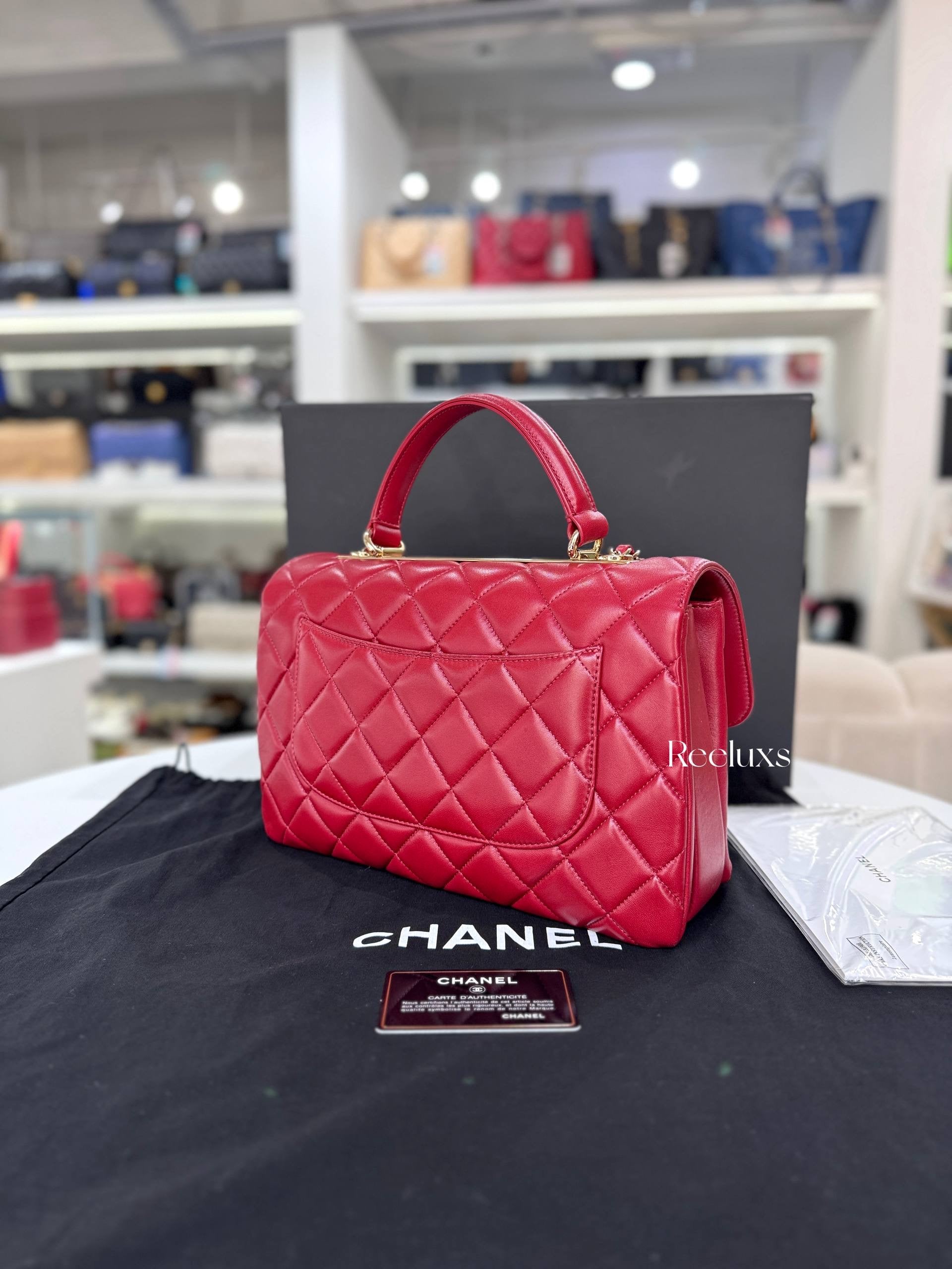 CHANEL Red Quilted Lambskin Medium Trendy CC Bag
