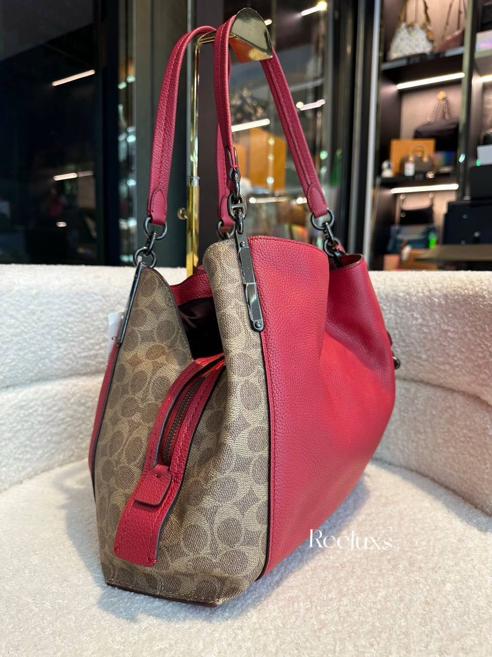 COACH Dalton 31 With Signature Canvas Blocking Tan Red Apple Shoulder Bag