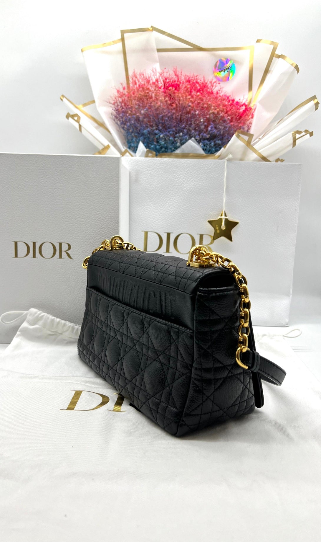 Christian Dior Caro Medium Chain Shoulder Bag Leather Black - Reeluxs 