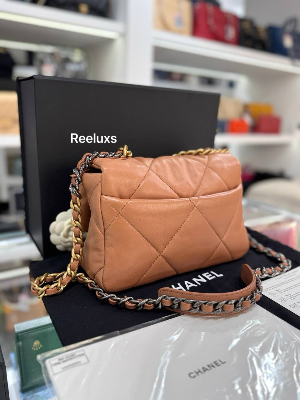 CHANEL 19 Flap Bag Caramel Shiny Lambskin Brown Fullset