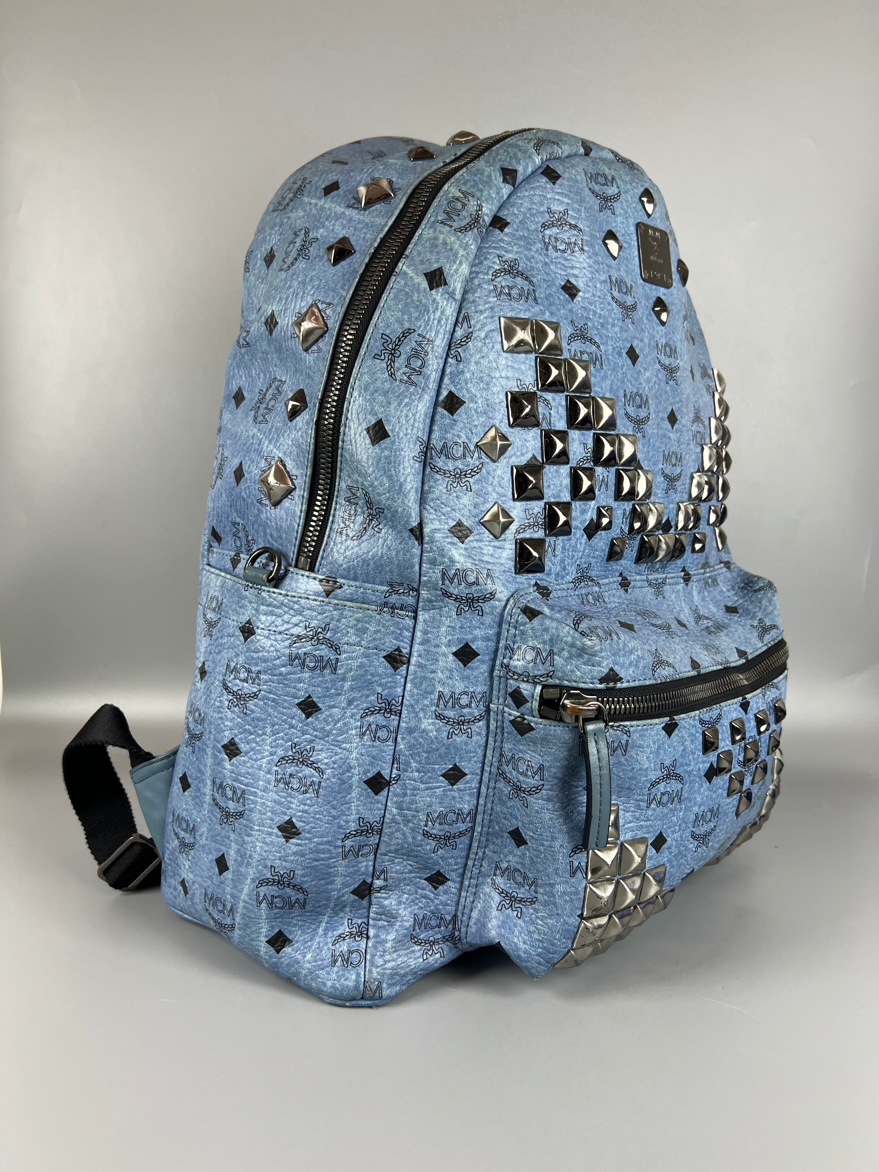 MCM Light Blue Visetos Coated Canvas and Leather Studs Backpack