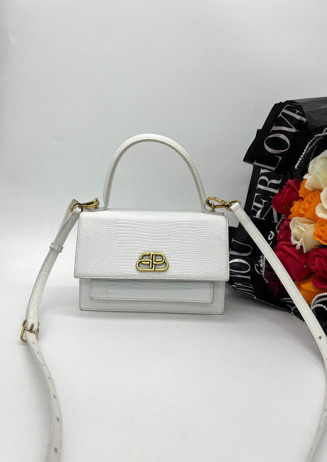 BALENCIAGA White Lizard Embossed Leather Sharp Top Handle Bag - Reeluxs 