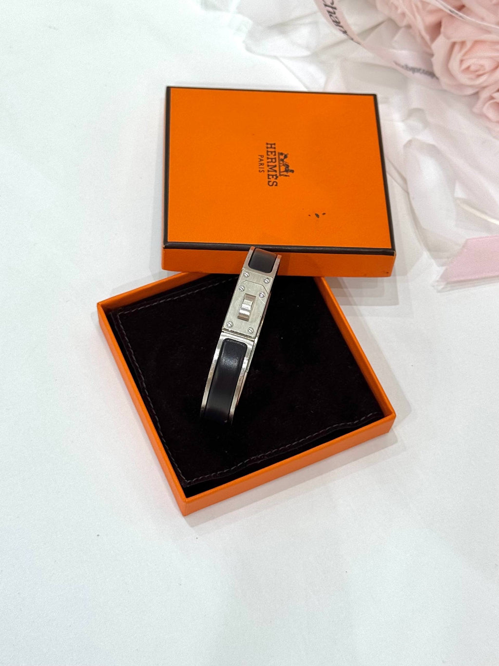 HERMES Palladium Plated Matte Black Enamel Kelly Bracelet