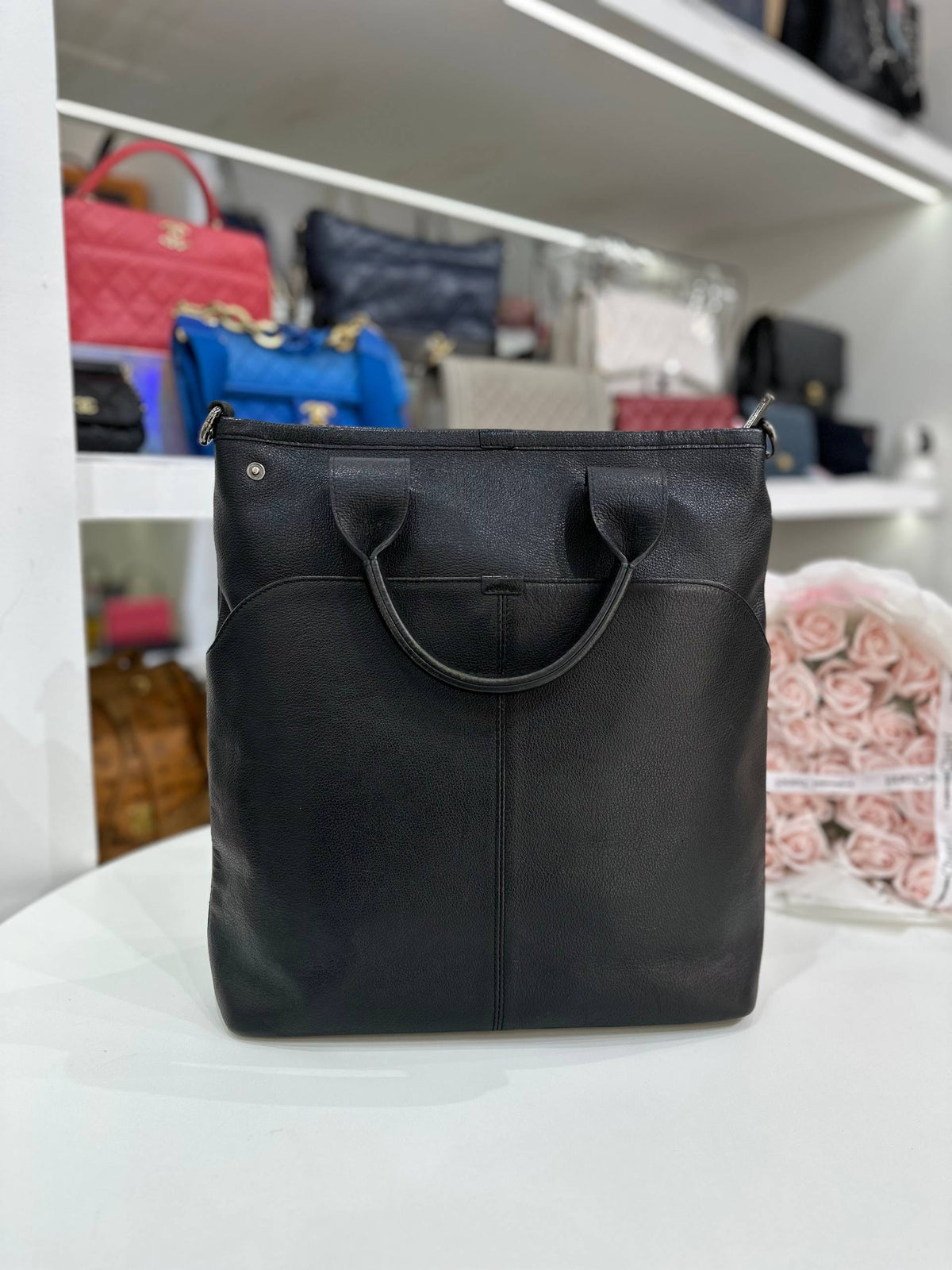 BURBERRY Black Leather Top Handle Shoulder Tote Bag