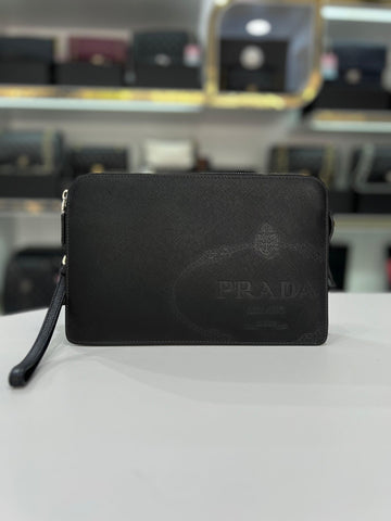 PRADA Saffiano Black Leather Clutch With Wristlet For Men - Reeluxs 