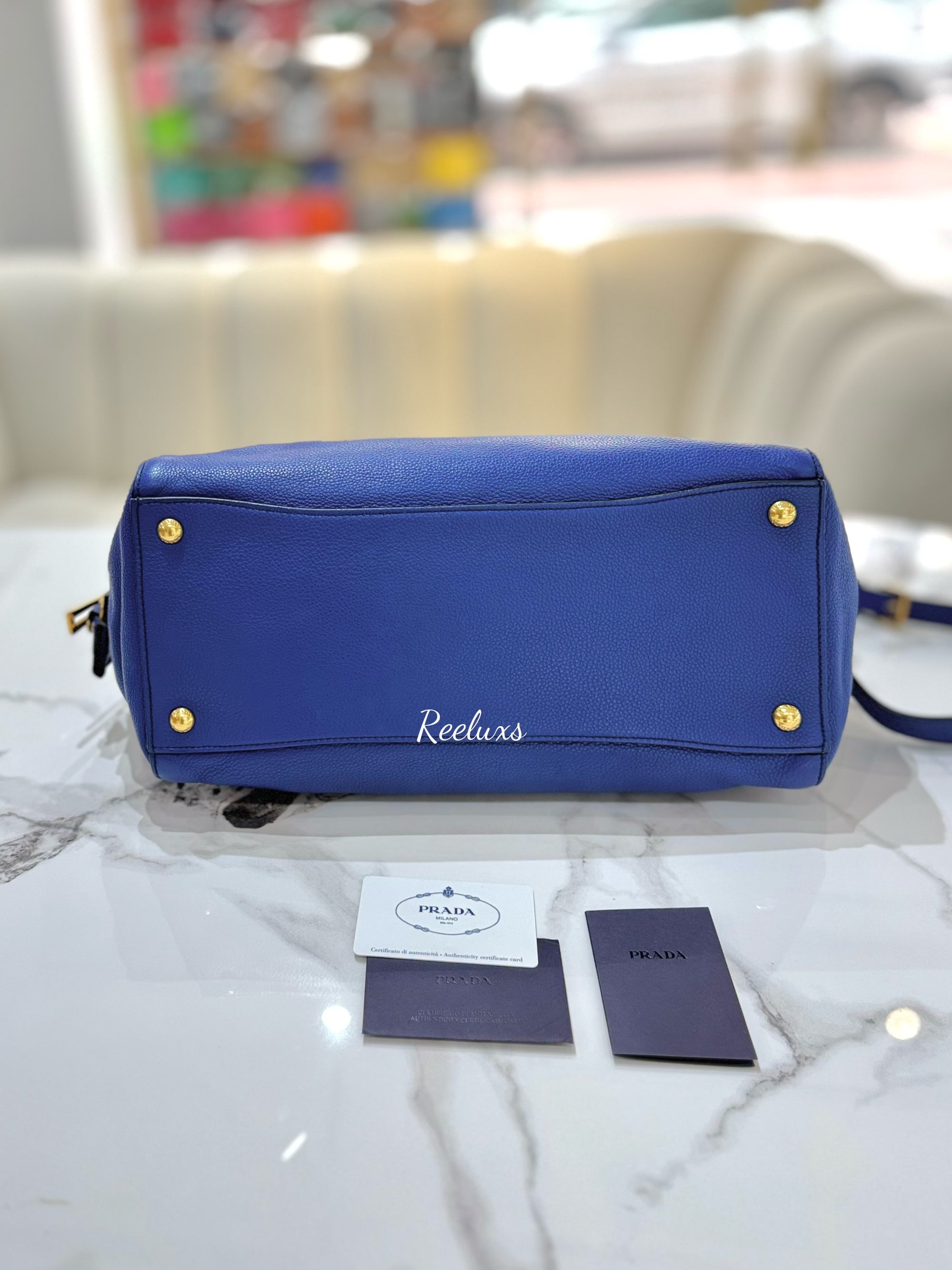 PRADA Blue Vitello Grain Leather Shoulder Bag