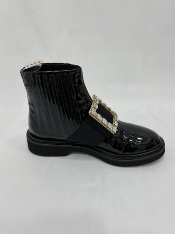 ROGER VIVIER Rangers Patent Leather Strass Buckle Chelsea Ankle Boots