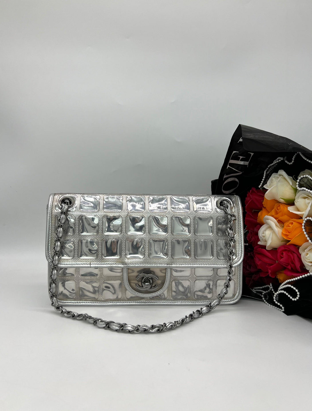 CHANEL Silver Leather Ice Cube Limited Edition Flap Bag - Reeluxs 