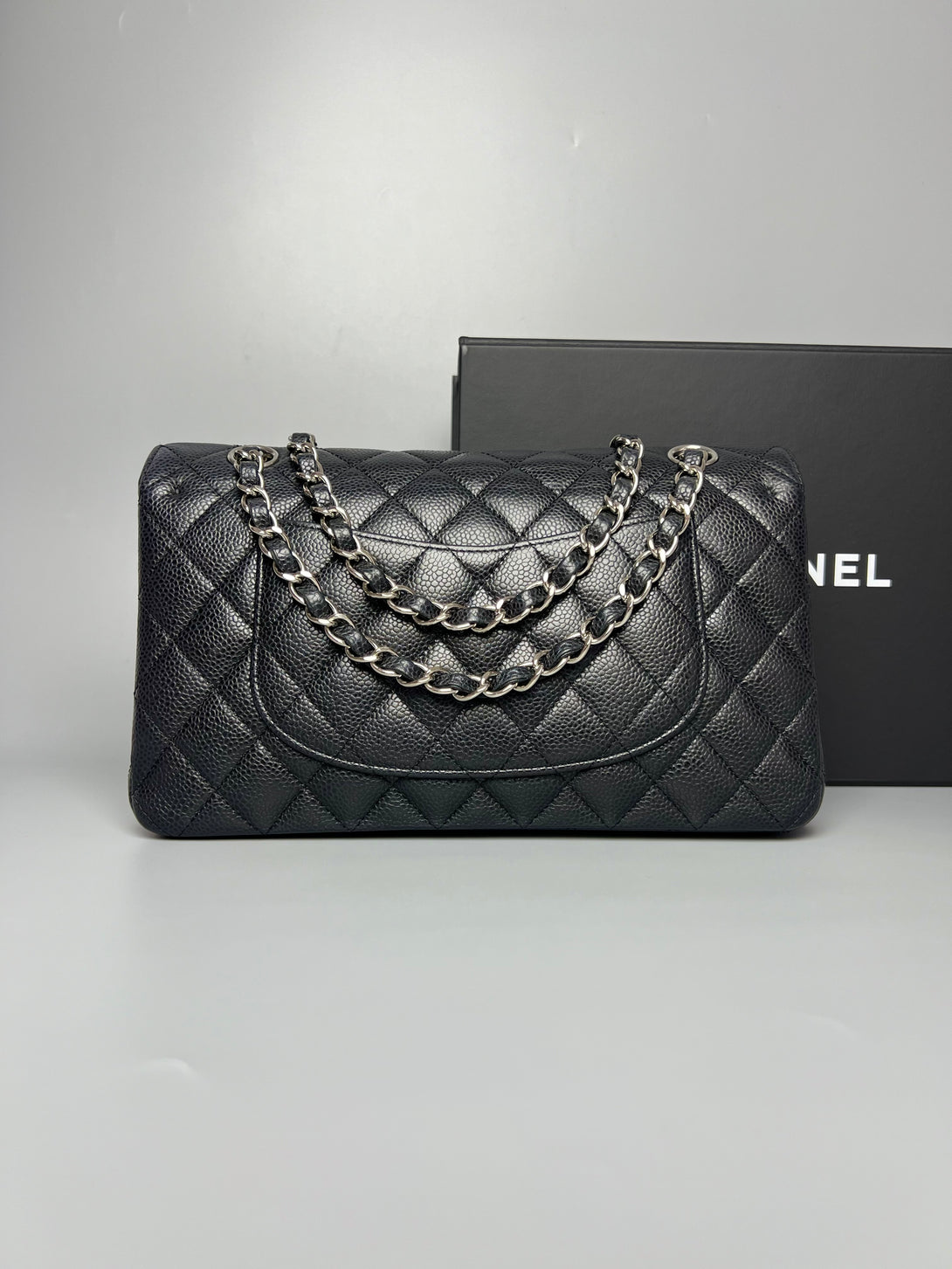 CHANEL Black Caviar Skin Classic Double Flap SHW Shoulder Bag - Reeluxs 