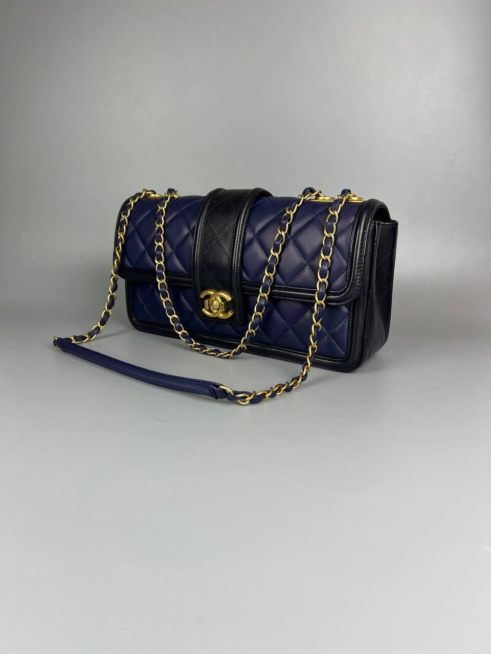 CHANEL Elegant CC Flap Bag Navy Black Quilted Medium