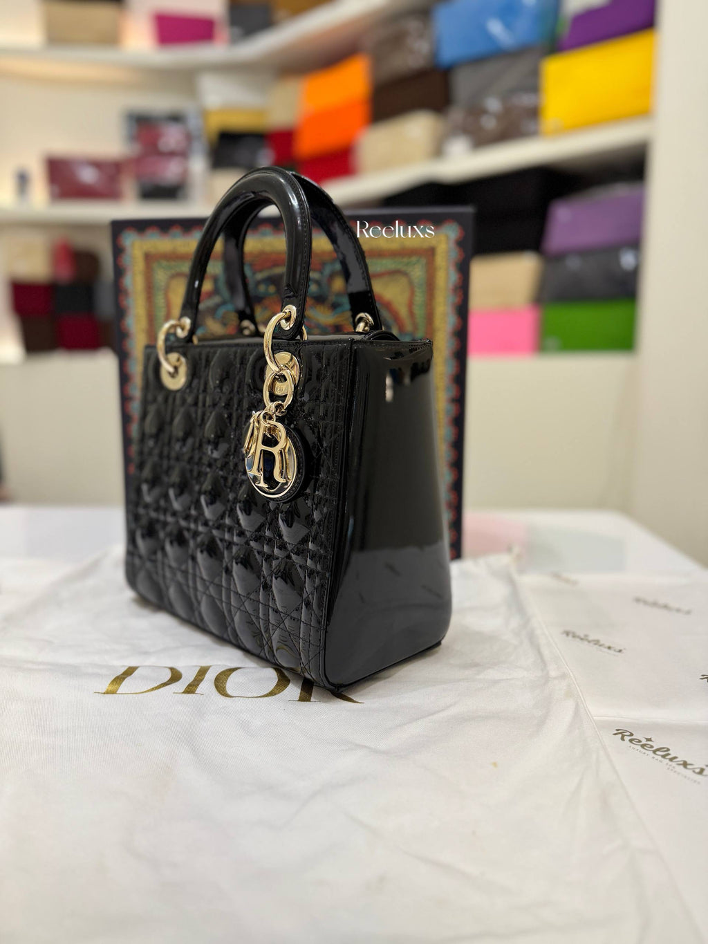 LADY DIOR Medium Bag In Black Patent Cannage Calfskin