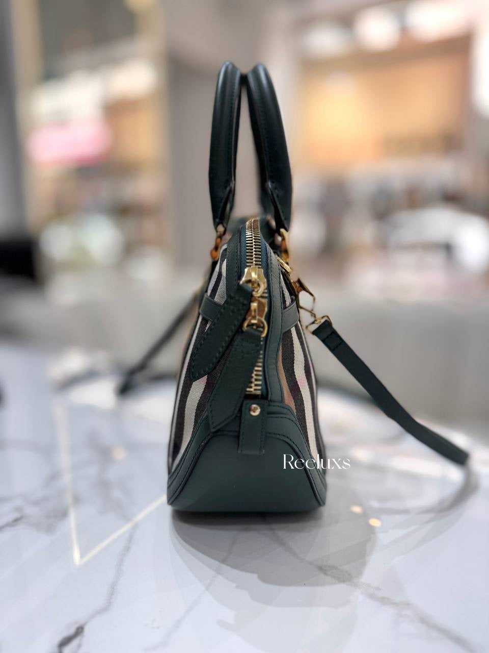 BURBERRY Green/Beige House Check Fabric and Leather Orchard Bowler Bag