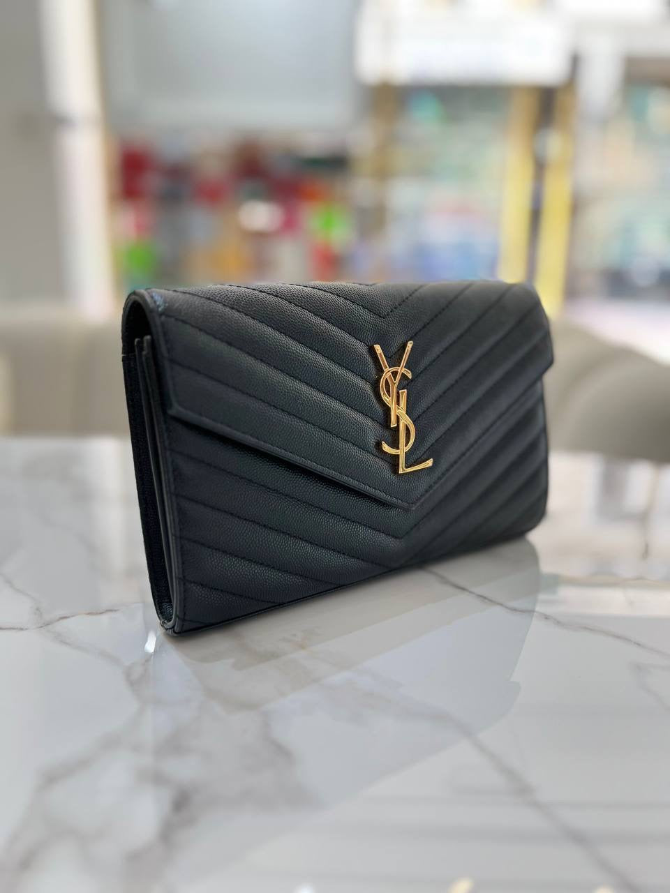 YVES SAINT LAURENT YSL Cassandre Matelasse Envelope GHW Wallet On Chain WOC In Black