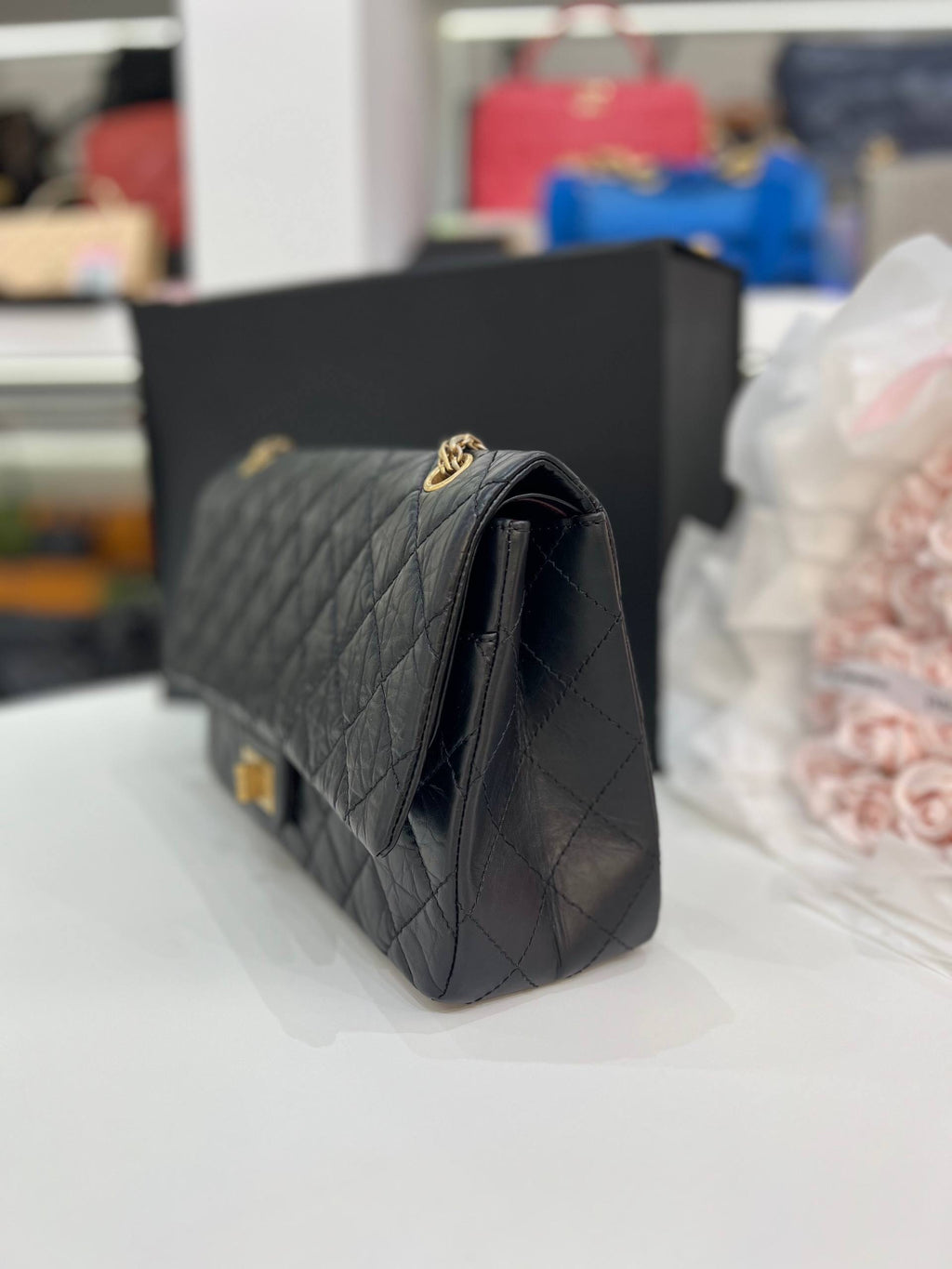 CHANEL 2.55 Reissue Double Flap Bag In Black Aged Calfskin