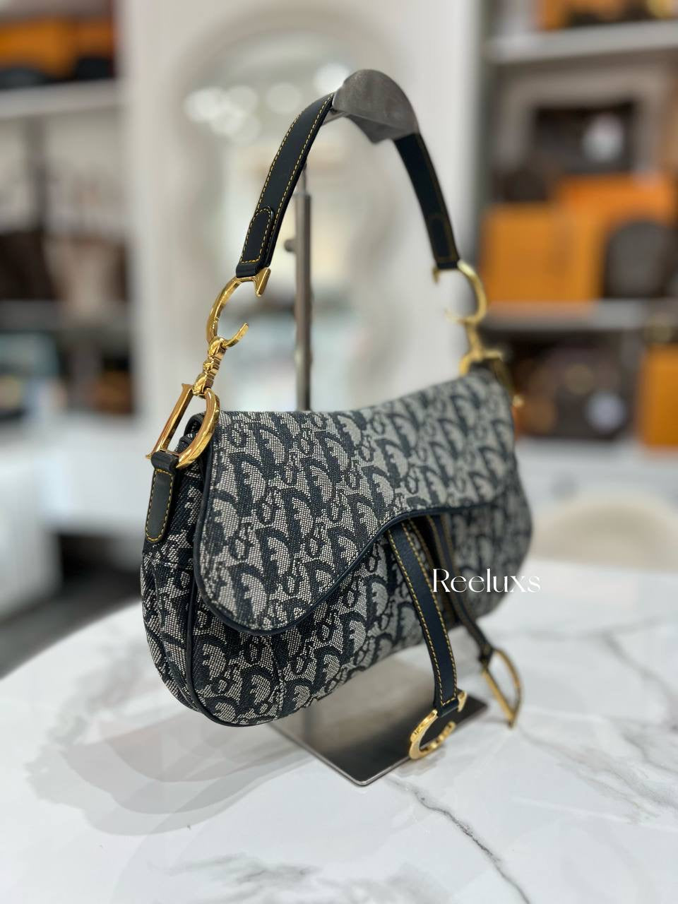 CHRISTIAN DIOR Double Saddle Bag Navy Oblique In GHW