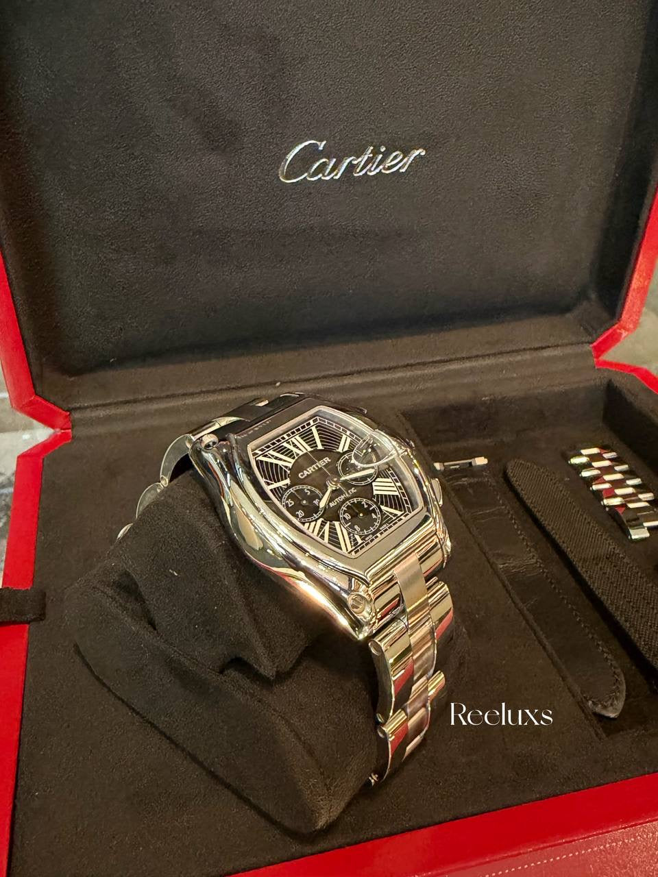Chronograph Cartier 43mm Roadster XL Black Dial Steel Bracelet