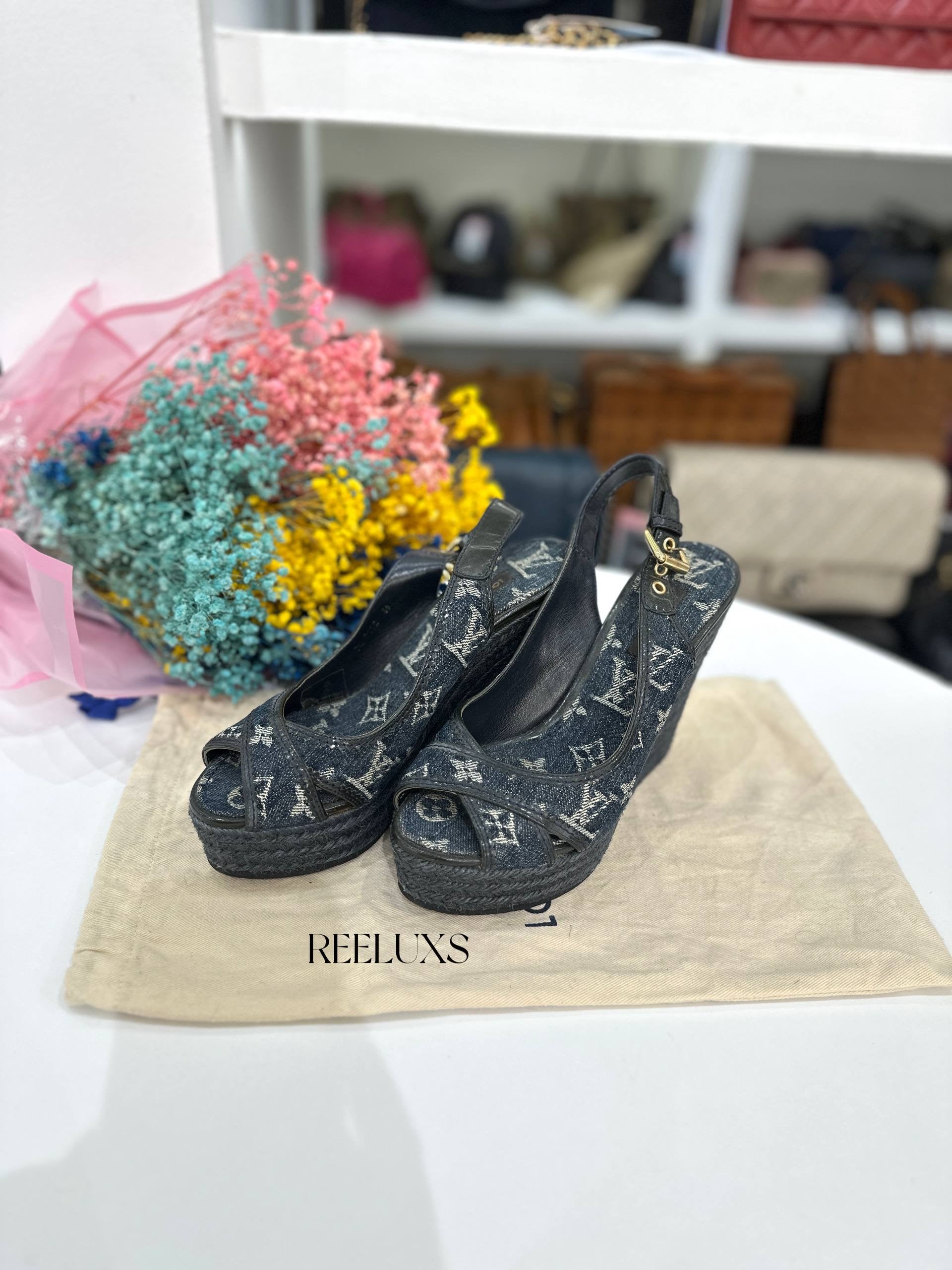 Louis Vuitton Monogram Denim Wedge Slingback Sandal