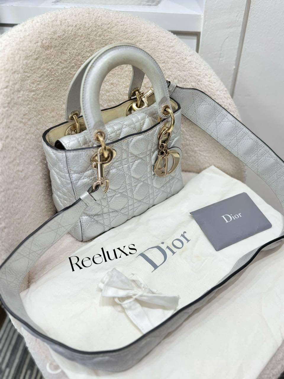 CHRISTIAN DIOR Lady Dior Soft Bag In Silver Leather Handbag - Shoulder Bag