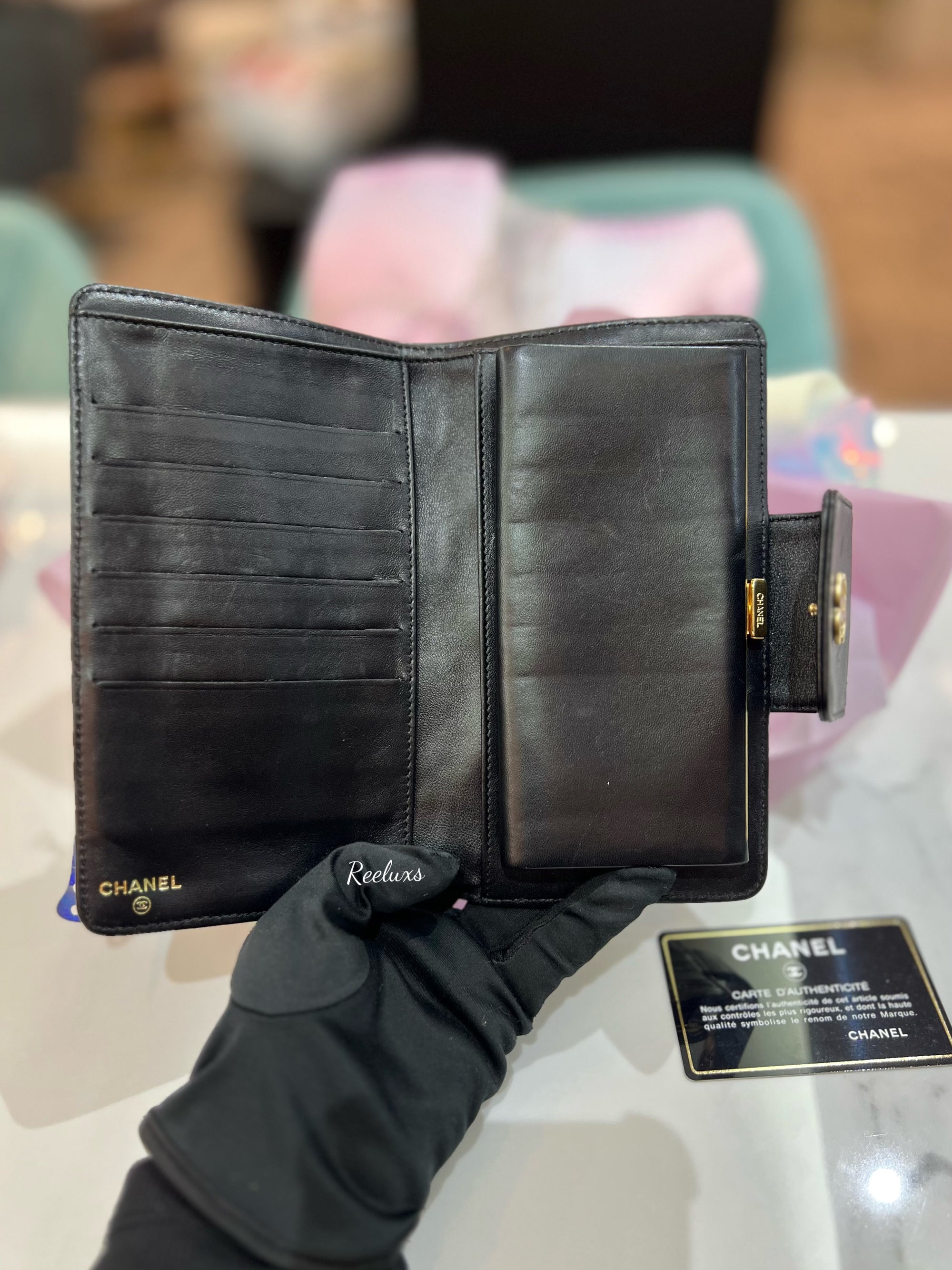 CHANEL Icon CC Logo Leather Long Bifold Wallet Black