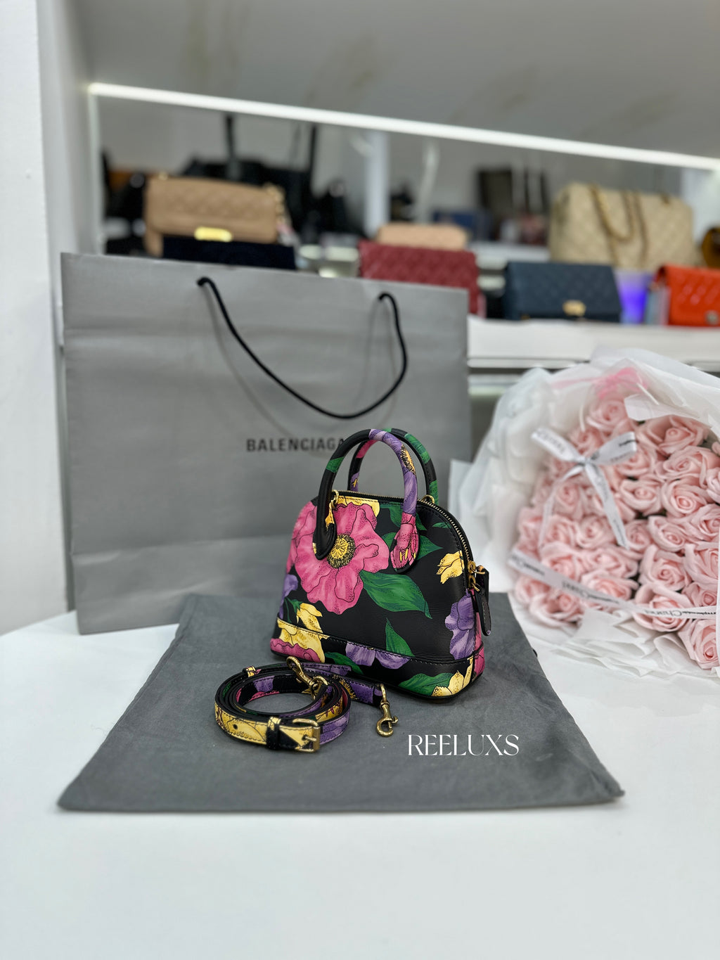 Balenciaga Ville  Multi-Color Lush Floral Print Top Handle Bag