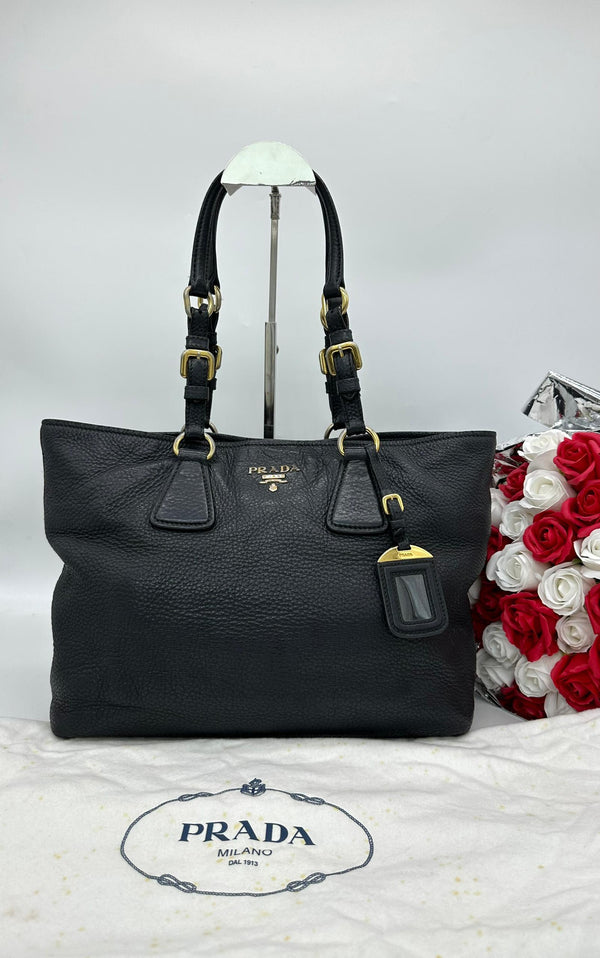 PRADA Black Vitello Daino Shoulder Bag - Reeluxs 