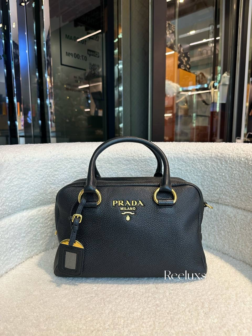 Prada Black Leather Stripe Strap Satchel Handbag