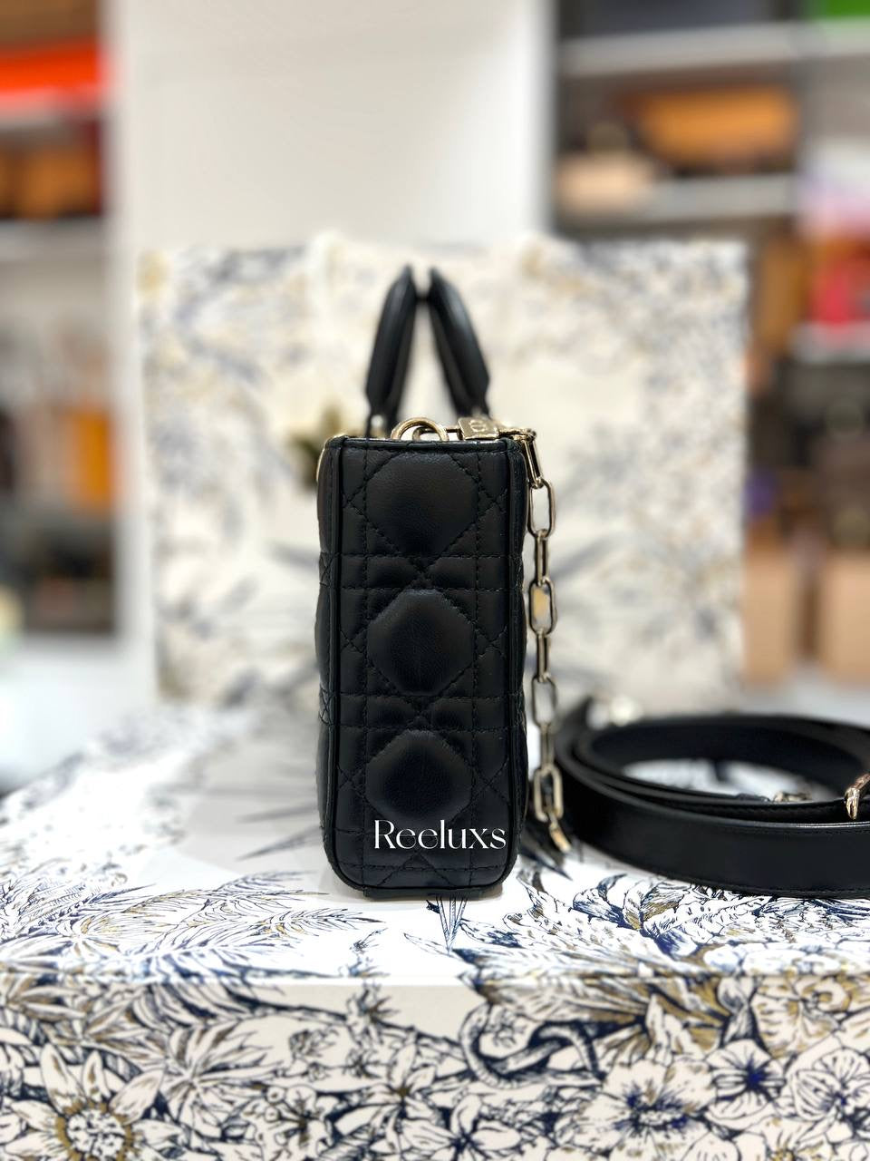 Full Set  DIOR-Medium Lady D-Joy Bag Black Cannage Calfskin with Diamond Motif