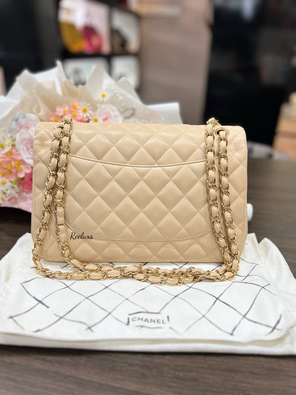 CHANEL Beige Colour Classic Flap Jumbo In Lambskin With Gold Hardware Women's Shoulder Bag