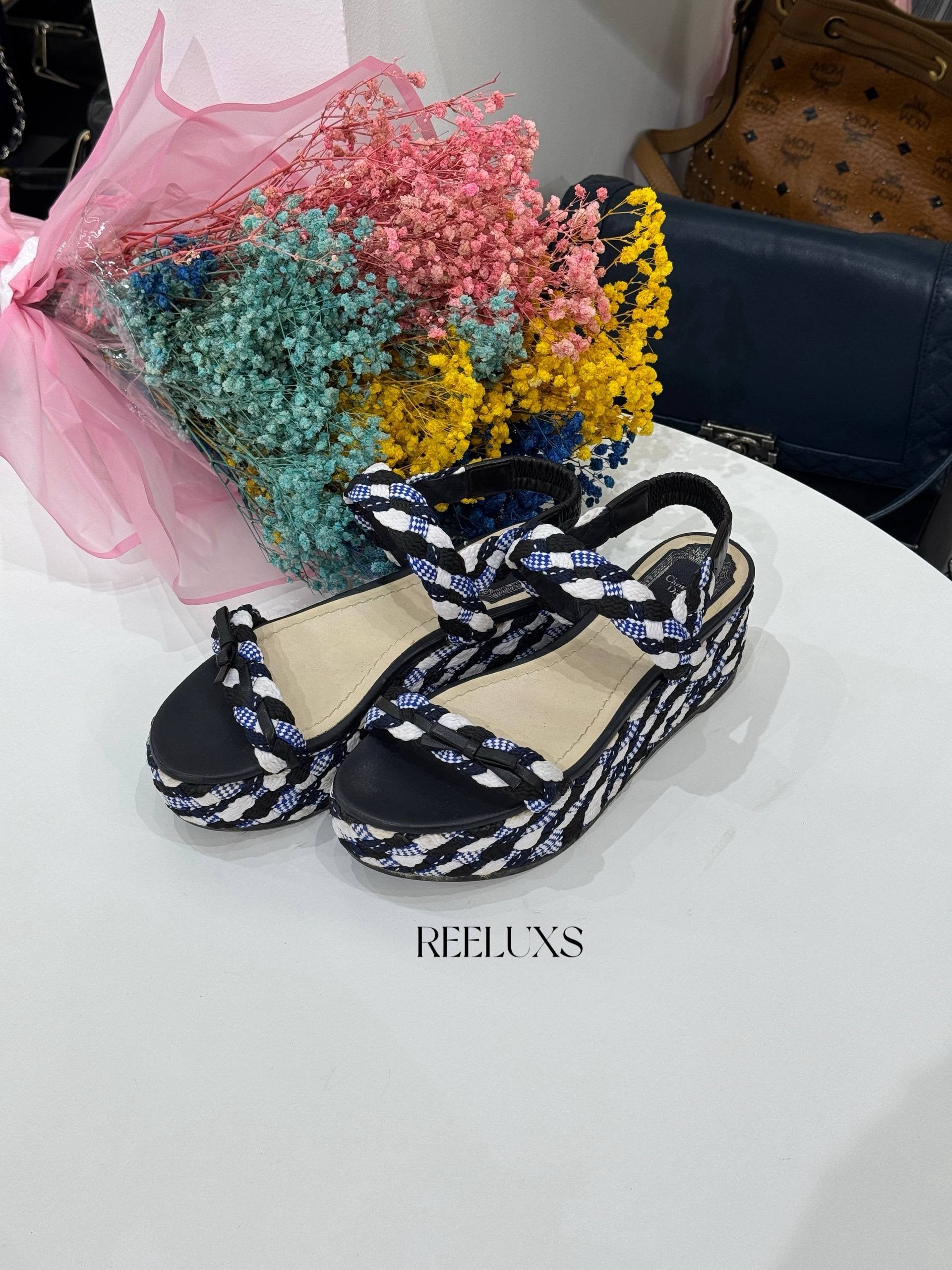 CHRISTIAN DIOR Dior Tri-Color Braided Fabric and Leather Open Toe Wedge Sandals