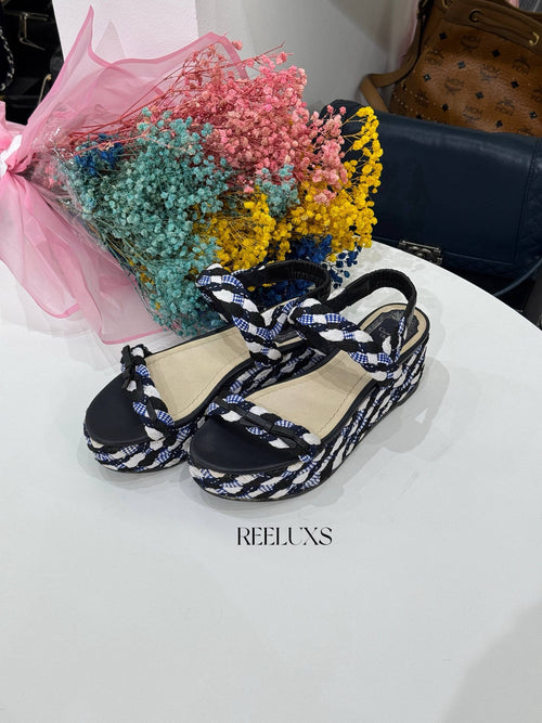 CHRISTIAN DIOR Dior Tri-Color Braided Fabric and Leather Open Toe Wedge Sandals