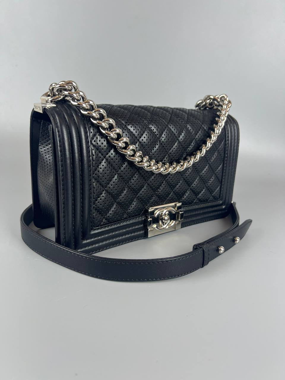 CHANEL Boy Perforated Quilted Lambskin Leboy Black SHW Slingbag