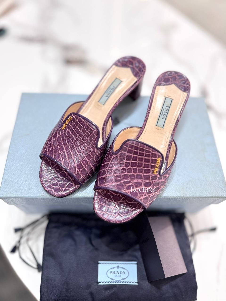 Prada Croc Embossed Leather Flat Sandals