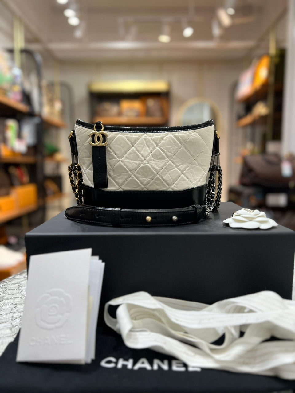 Full Set As New Microchip CHANEL Small Gabrielle Hobo Quilted Calfskin Black White Bag For Women's Sling Bag - Reeluxs 