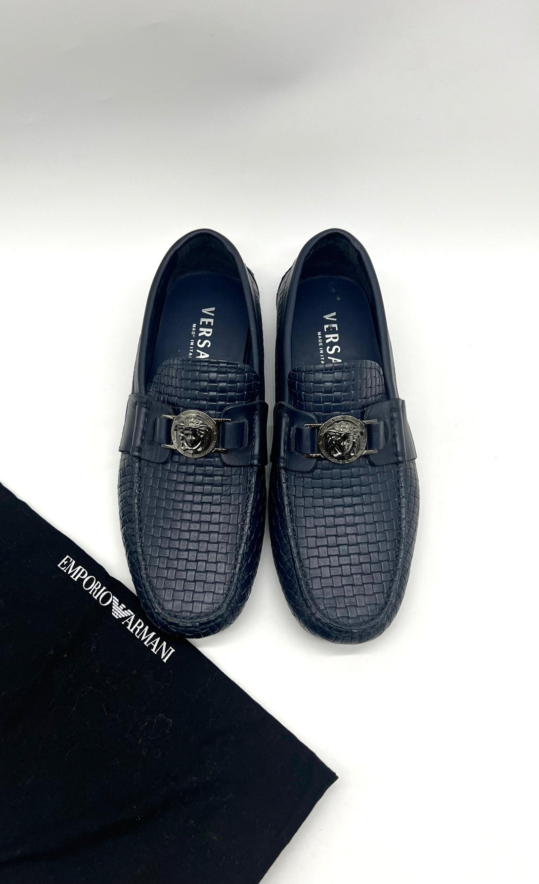 Versace Blue Logo Embossed Leather Medusa Loafers Size 40 - Reeluxs 