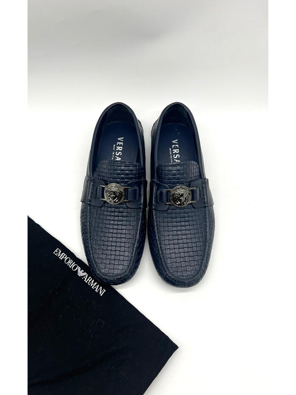 Versace Blue Logo Embossed Leather Medusa Loafers Size 40 - Reeluxs 