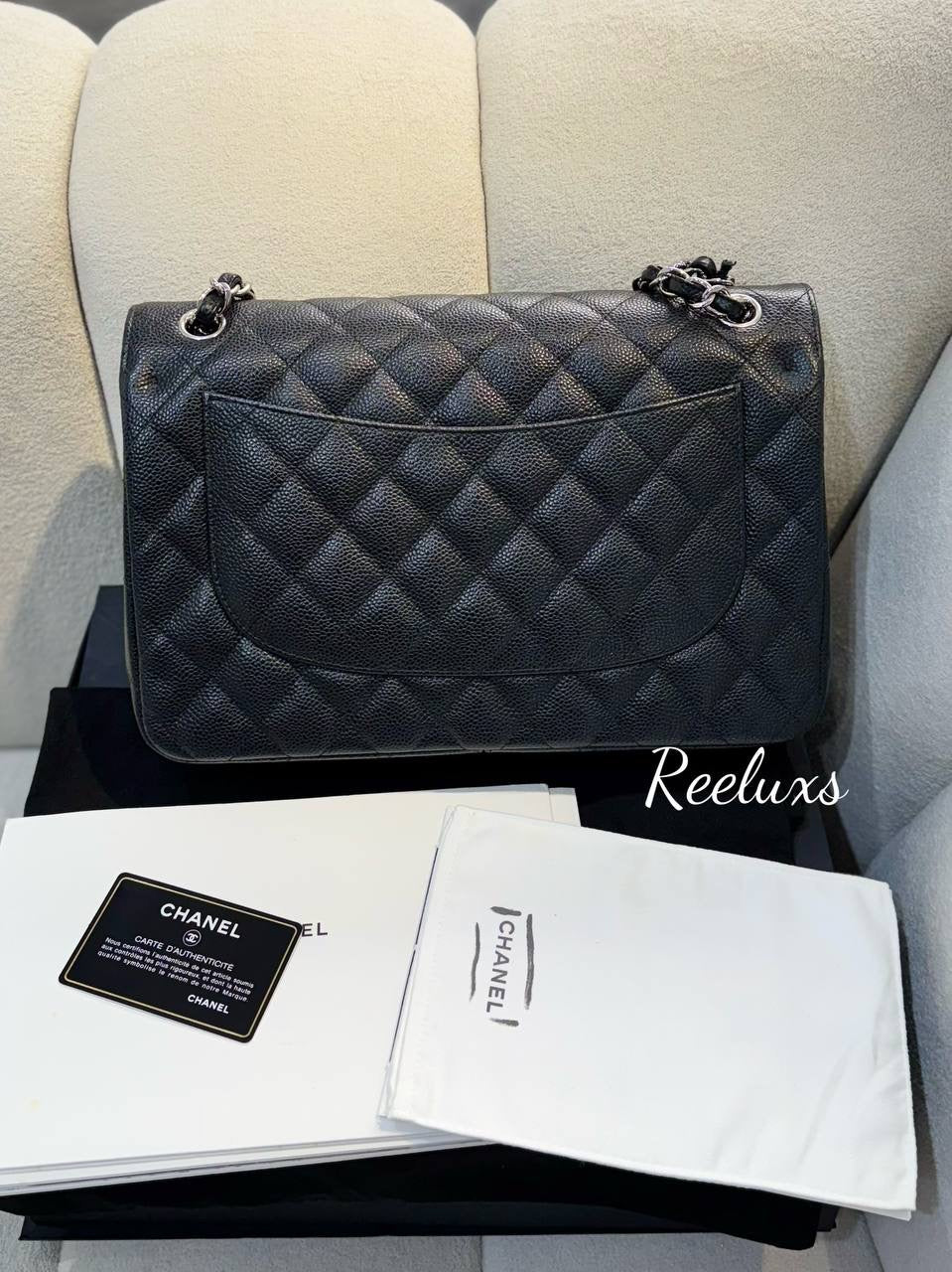 FULLSET CHANEL Jumbo Classic Double Flap Black Caviar Silver Hardware Shoulder Bag For Women