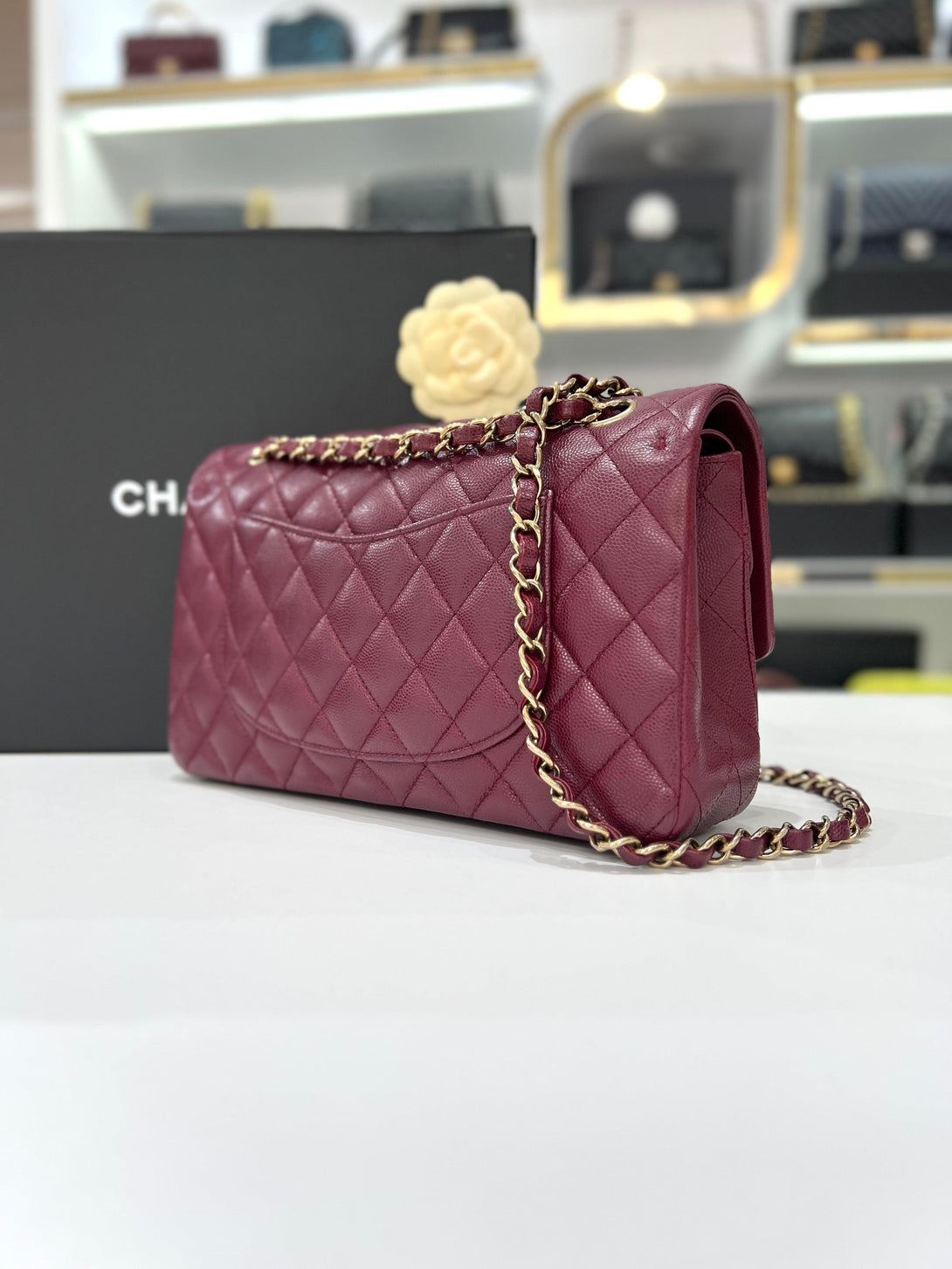 Full Set Microchip CHANEL Medium Shiny Graind Caviar Flap Burgundy Champagne Women Slingbag - Reeluxs 