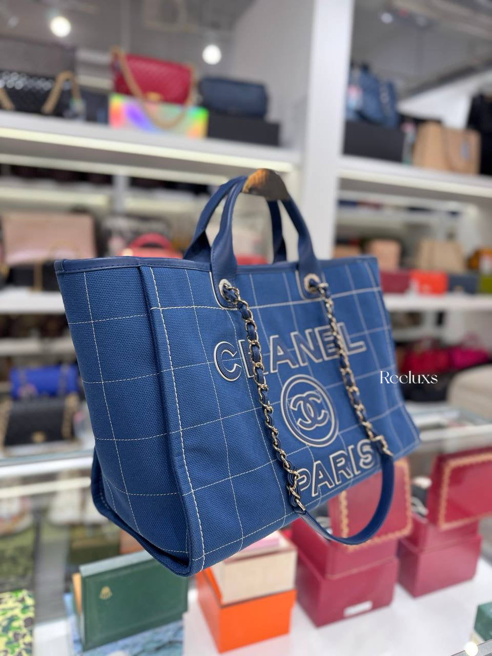 CHANEL Medium Blue Mixed Fibers Deauville Tote Bag