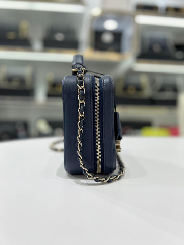 Full Set CHANEL Grained Caviar & Gold- Tone Metal Vanity Blue Leather Women Sling Bag - Reeluxs 